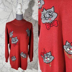 MXM Antels VTG Wool Silk Cats Applique Mockneck Tunic Sweater